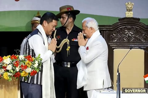 Governor Kaiwalya Trivikram Parnaik greets Pema Khandu